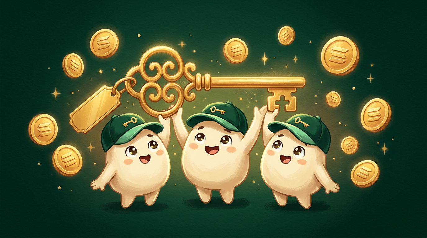 Friendly REFPAD mascots lifting a golden key surrounded by SOL coins